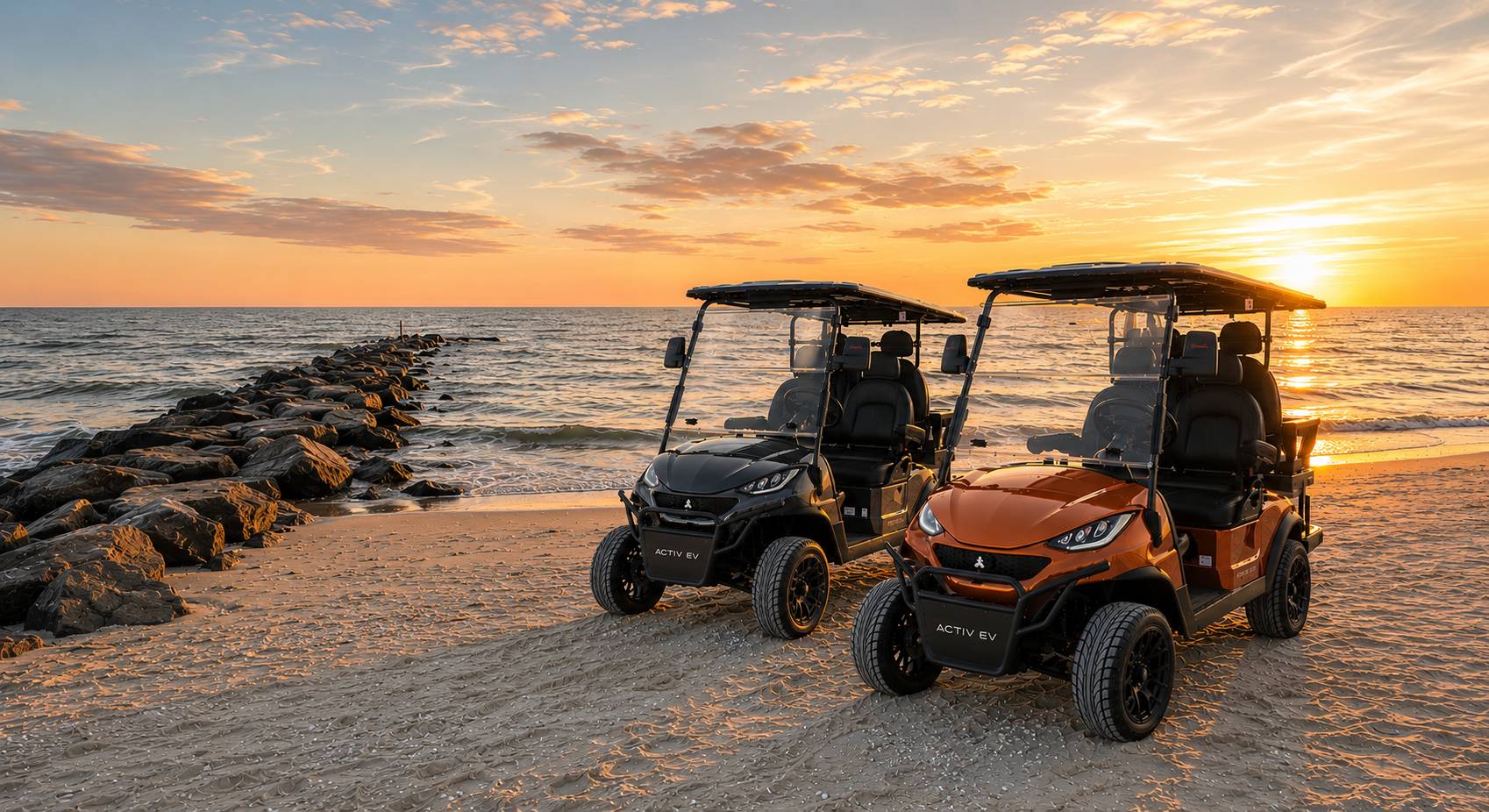 Back Bay Rentals golf carts parked on the beach at sunset in Cape May County, New Jersey