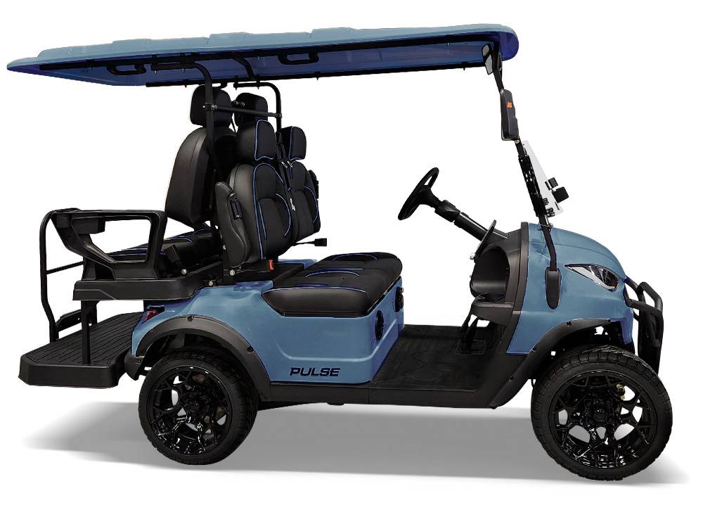 Side profile studio view of the blue Back Bay Rentals four-seater golf cart.