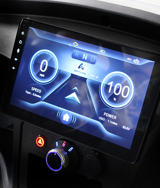 Close-up of the Bintelli ActivEV Pulse touch screen dashboard display.