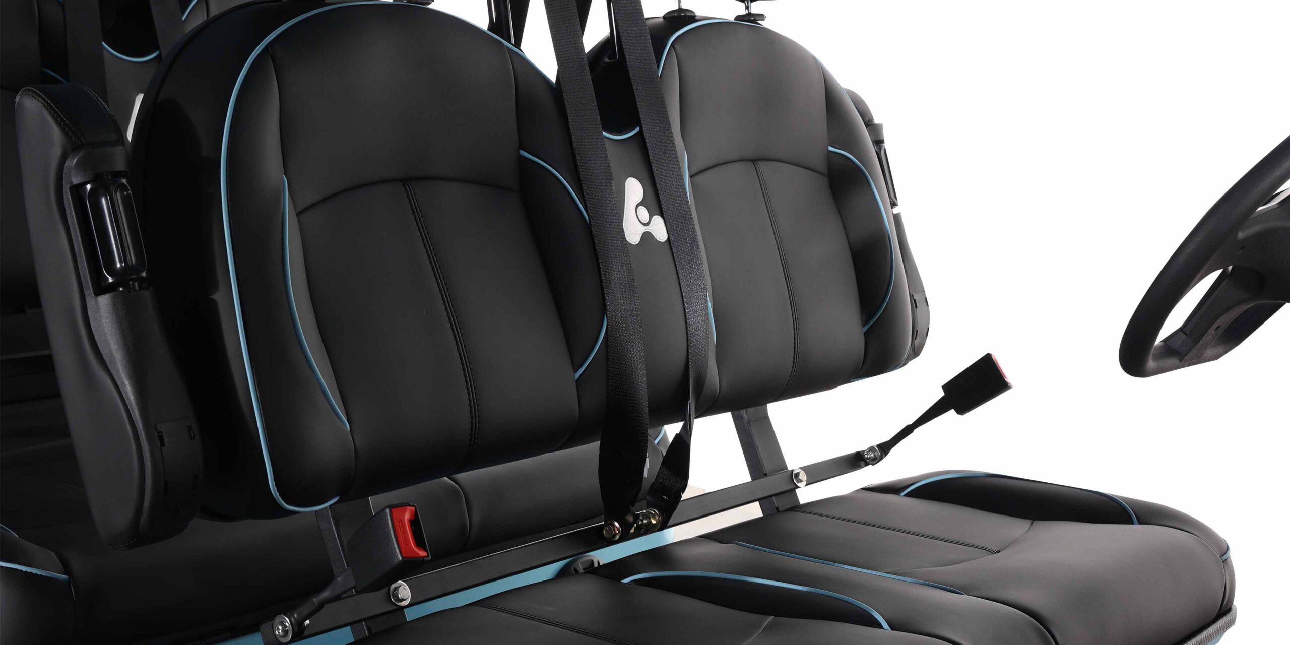 Close-up of the premium captain's chair seats and seat belt details in the six-seater golf cart.