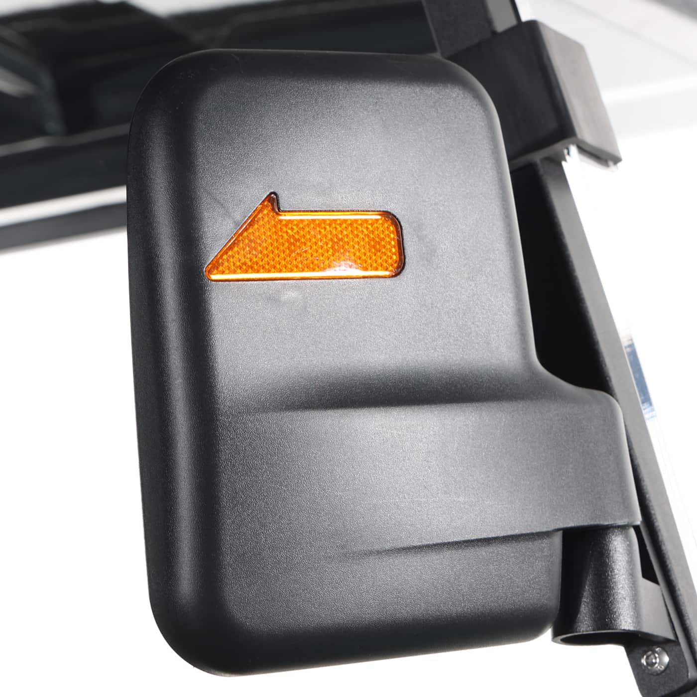 Close-up of the turn-signal mirror on the six-seater Bintelli ActivEV Pulse golf cart.