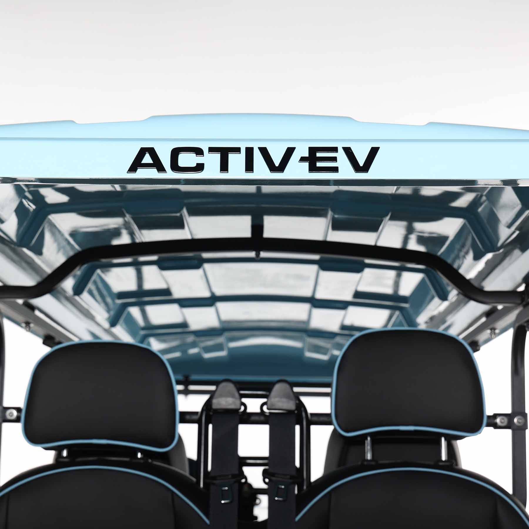 Close-up of the ActivEV roof detail above the rear seating area on the six-seater cart.