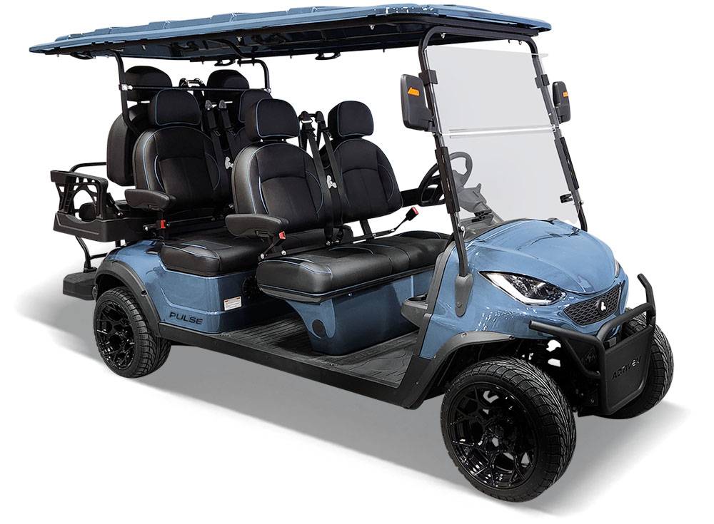 Front angled studio view of the blue six-seater Bintelli ActivEV Pulse golf cart.