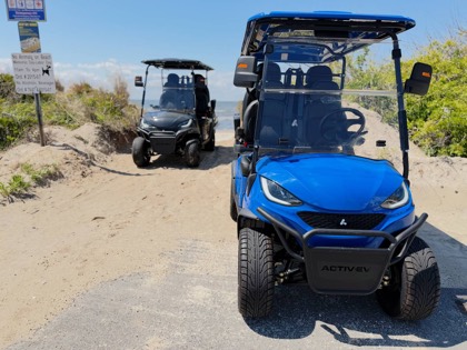 Close-up view of a blue Back Bay Rentals golf cart with the bay in the background.